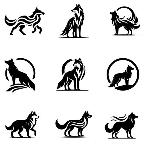 Vector vector silhouettes of wolf set | Premium Vector #Freepik #vector Running Wolf Silhouette, Wolf Logo Art, Wolf Graphic Design, Wolf Outline, Wolf Symbol, Easy Tattoos To Draw, Wolf Vector, Abstract Wolf, Mystical Wolf