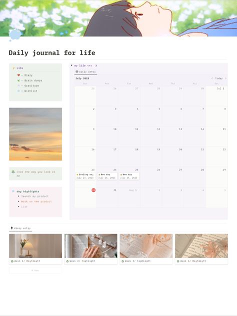 Notion Journal Ideas, Notion Diary Template, Digital Journal Aesthetic Template, Daily Schedule Notion, Notion Diary, Digital Diary Template, Journal Template Notion, Notion Daily Routine, Notion Journal Template