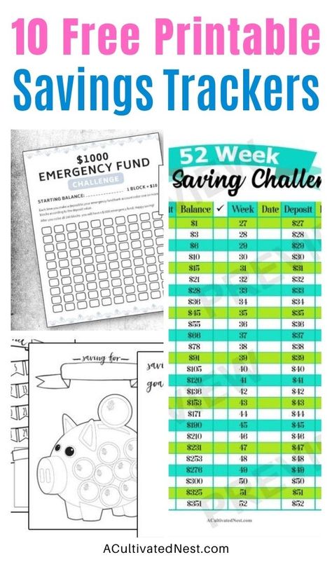 10 Free Printable Savings Trackers- If you want to save money, then you need to check out these fabulous free printable savings trackers! They'll help you get your finances in order and ready for whatever you are saving for! | #freePrintables #savingsTrackers #saveMoney #moneySavingTips #ACultivatedNest Free Budget Printables Templates Saving Money, Saving Money Printables Free, Savings Challenge Biweekly Free Printable, Free Printable Savings Chart, Money Stuffing Challenge, Savings Sheet Free Printable, Saving Planner Printables, Money Saving Chart Printables, Free Money Printables