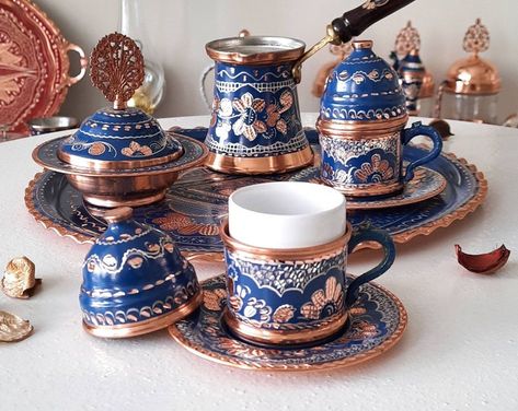 Copper Gift Ideas, Turkish Tea Set, Copper Serving Tray, Turkish Coffee Set, Turkish Coffee Cups, Copper Tray, Arabic Coffee, Copper Gifts, Turkish Tea