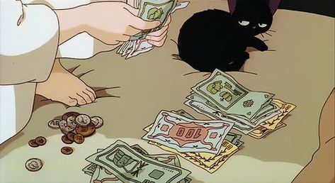 Imagen de anime, cat, and money Cat Anime, A Black Cat, Old Anime, 90s Anime, Anime Aesthetic, Anime Scenery, Studio Ghibli, Anime Style, Aesthetic Anime