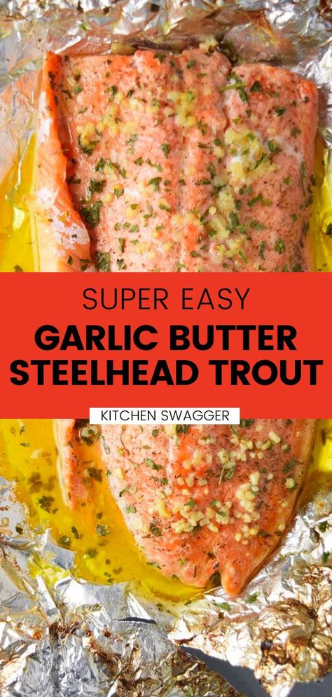 This garlic butter steelhead trout recipe is incredibly easy to make and only takes 25 minutes from start to finish! The lemon, butter, and garlic flavors are perfect together and create a juicy, buttery fish dish. Plus, there's hardly any cleanup involved! Why not try it out for dinner tonight! Steel Head Trout Recipes, Steelhead Recipes, Steelhead Trout Recipe Baked, Steelhead Trout Recipe, Baked Trout, Easy Garlic Butter, Trout Recipe, Trout Recipes, Steelhead Trout