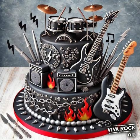 Rock Band Cake Ideas, Rock Band Cake, Rock N Roll Birthday Cake, Guitar Cakes For Men, Rock Birthday Cake, Metal Birthday Cake, Rock And Roll Cake, Bolo Rock, Rockstar Cake