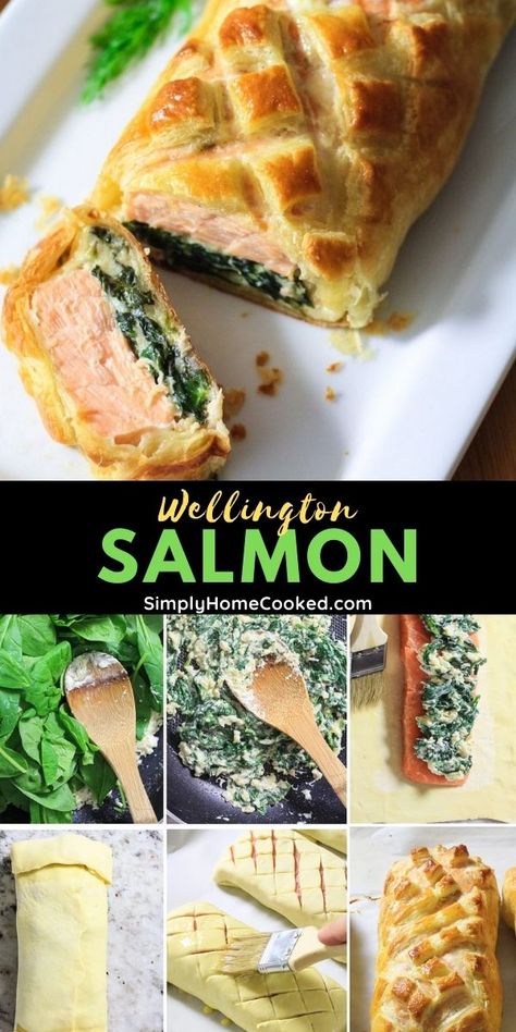 Salmon Wellington Pop Tart, Herb Coated Salmon In Puff Pastry, Puff Pastry Salmon Wellington, Spinach And Cheese Stuffed Salmon Wellington, Salmon With Puff Pastry, Fish Wellington Recipe, Salmon Roulade Recipe, Chef Level Recipes, Salmon Filo Pastry Recipes