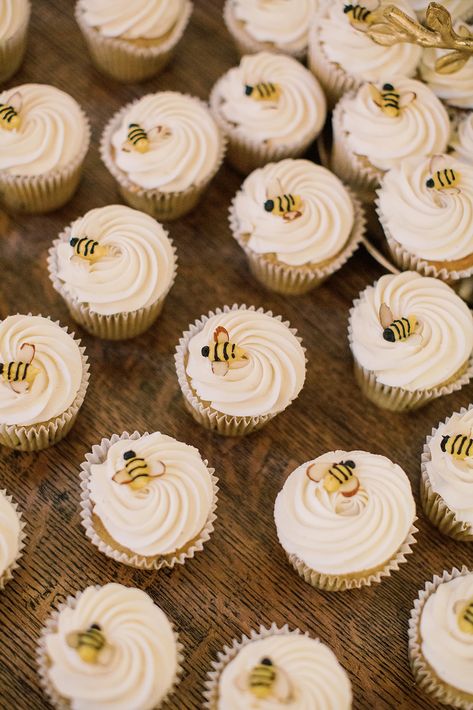 Custom Neutral Wedding Cupcakes with Bumblebees | Bumble Wedding| Photo by Amanda Castle Photography | #weddingcupcakes #weddingdesserts #cupcakeswithbumblebees What Will It Bee Dessert Table, 1st Bee Day Cupcakes, Honey Bee Dessert Table, First Bee Day Party Cupcakes, What Will It Bee Gender Reveal Cupcakes, Bride To Bee Cupcakes, Bee Themed Cupcakes Shower Ideas, First Bee Day Cupcakes, Bumble Bee Cupcakes Ideas