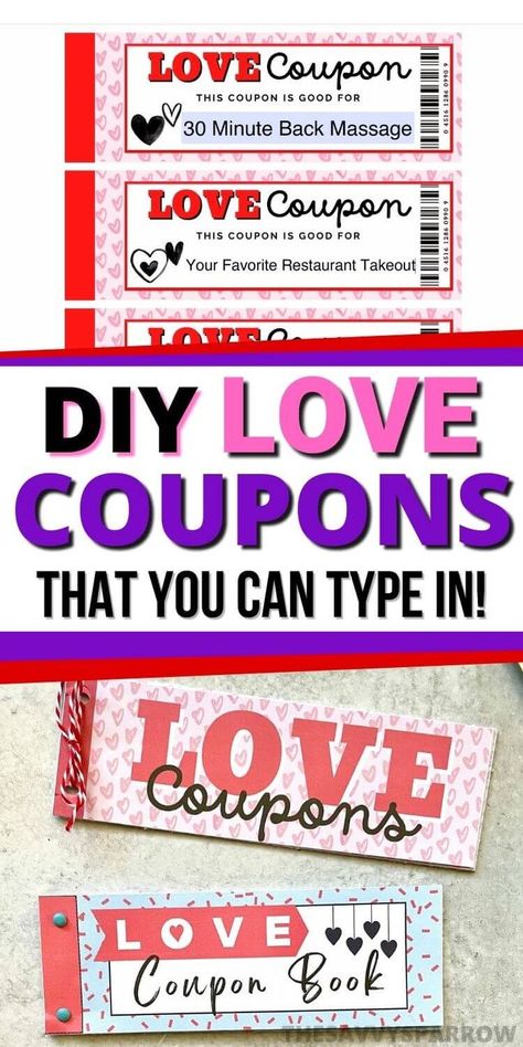 Use this love coupon book template to make your own printable love coupons for your boyfriend or husband! The love coupons template is editable, which means you can type in to the PDF to customize your own homemade coupons for him! These make awesome DIY gifts for Valentine's Day, anniversary, or Just because... Plus, get some awesome love coupon ideas to use! Lovers Coupons For Him, Couple Coupon Book For Him, Coupons For Husband Printable, Homemade Coupon Book For Boyfriend, Coupons For Husband Ideas, Anniversary Coupons For Him, Birthday Coupons For Husband, Coupon Book For Boyfriend Printable Free, Diy Coupon Book For Boyfriend Ideas