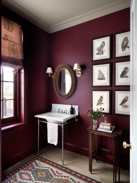 The top burgundy paint colors most recommended by interior designers for a moody, sophisticated space in bathrooms, kitchens, and bedrooms. Burgundy Paint Colors, Burgundy Bathroom, Burgundy Walls, Burgundy Paint, Statement Tiles, Paint And Paper Library, London Townhouse, Townhouse Designs, Bathroom Red