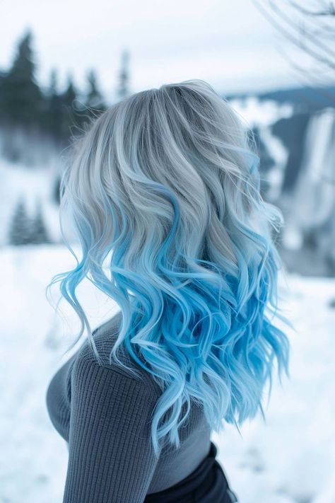 Glacierblend silver to blue ombré winter hair color Gradient Highlights, Highlights Long Hair, Icy Hair, Silver Ombre Hair, Winter Hair Trends, Warm Hair Color, Vibrant Gradient, Winter Hair Colors, Hair Color Idea