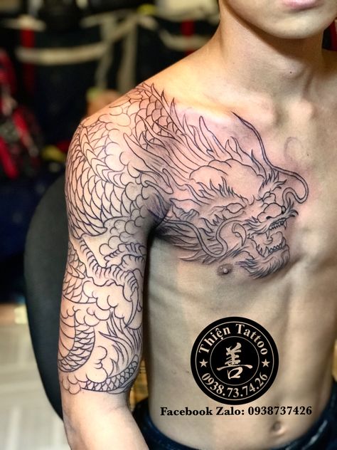 Dragon Tattoo Face, Dragon Tattoo Forearm, Dragon Tattoo On Chest, Dragon Tattoo Shoulder, Shen Long Tattoo, Dragon Tattoo Chest, Dragon Tattoo Arm, Dragon Head Tattoo, Tattoo On Chest