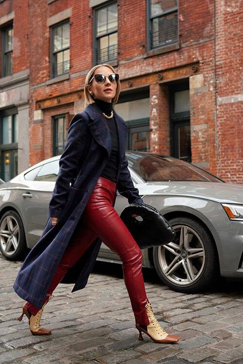 Red Leather Pants Outfit, Navy Coat Outfit, Red Leggings Outfit, Leather Pants Outfit Winter, Red Leather Trousers, Red Leather Leggings, Leather Trousers Outfit, Fall Coat Outfit, Valentines Day Outfits