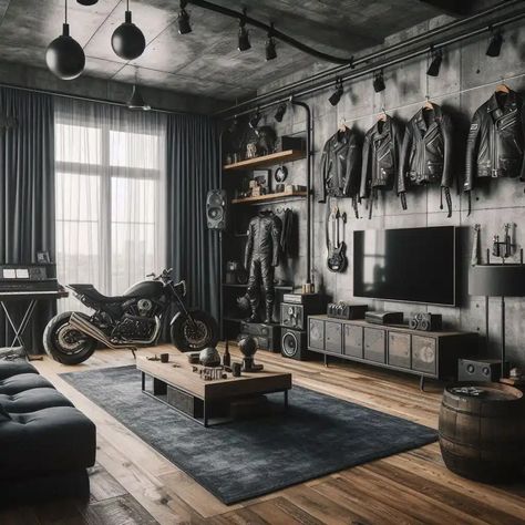 Mens Bedroom Ideas Masculine Interior Motorcycle Room Ideas, Motorcycle In Living Room, Motorcycle Man Cave, Bedroom Ideas Masculine, Mens Living Room Ideas, Mens Bedroom Ideas Masculine Interior, Man Cave Loft, Mens Bedroom Ideas, Mens Living Room