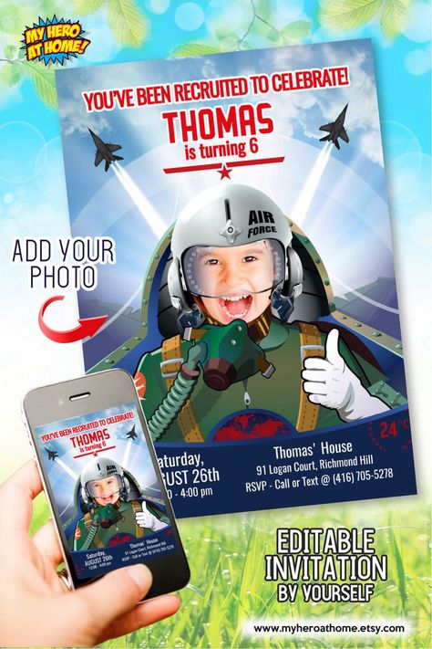 Custom Fighter Jet party Invitation with the photo of your child, Marine Party Invitation, Air Pilot photo Invitation, Air Force birthday invitation, Jet pilot photo invitation, Jet Pilot theme party, Fighter Jet Invitation with photo. #myheroathome Pilot Photo, Marine Party, Air Force Photo, Air Force Birthday, Jet Pilot, Football Invitations, Star Wars Invitations, Photo Diy, Dinosaur Invitations