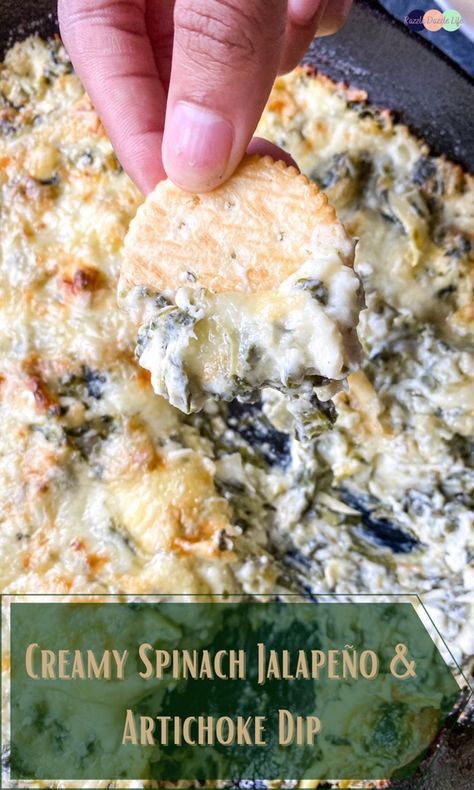 Creamy Spinach Jalapeno and Artichoke dip made with creamy cheese’s, and baked to perfection. A great appetizer and snack for any day of the week. #recipe #appetizer #creamy #dip #spinachartichokedip #jalapenos #cheese #cheesy #cheesediprecipes Artichoke Jalapeno Dip Recipes, Spinach Artichoke Dip With Jalapeno, Jalepeno Artichoke Dip Recipe, Jalepeno Artichoke Parmesan Dip, Jalapeno Artichoke Dip Recipe, Jalapeno Spinach Dip, Artichoke Jalapeno Parmesan Dip, Jalapeno Spinach Artichoke Dip, Jalapeño Artichoke Dip