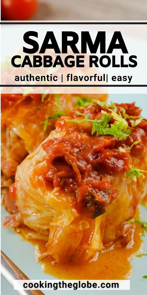 Comforting homemade Sarma is a delicious stuffed cabbage rolls recipe that makes the ultimate weeknight meal! A perfect Eastern European recipe that is sure to be a hit with everyone at your dinner table. Stuff Cabbage Rolls Recipes, Stuffed Cabbage Rolls In Oven, Yugoslavian Recipes, Stuff Cabbage, Sarma Recipe, Kosher Meals, Stuffed Cabbage Rolls Recipe, Foreign Cuisine, Easy Cabbage Recipes