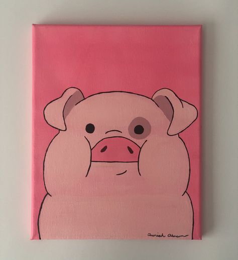 Acrylic painting of Waddles from the tv show Gravity Falls. Painted with acrylic paints, signed, and sealed with acrylic paint sealer. Very Easy Things To Paint, Things To Paint On Paper Acrylics, Llama Painting Canvases, Easy Follow Along Painting, Canvas Ideas Cute, Painting Ideas Cute Animals, Big Easy Paintings, Easy Animals To Paint, Easy Animal Paintings For Beginners