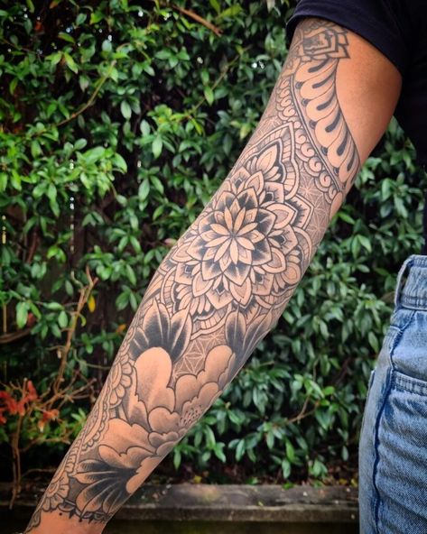 20 Astonishing Mandala Tattoo Sleeves For Women Mandala Forearm Sleeve, Inner Arm Mandala Tattoos For Women, Boho Sleeve Tattoos For Women, Full Tattoo Sleeves For Women, Mandala Flower Arm Tattoos For Women, Bottom Half Sleeve Tattoos For Women, Mandala Sleeve Filler, Mandala Fill In Sleeve Tattoo, Tattoo Full Arm Woman