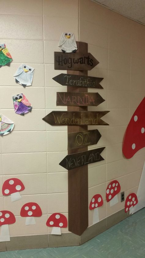 Literary Festival Decor, Scholastic Enchanted Forest Book Fair, Enchanted Forest Theme Hallway, Enchanted Forest Hallway Decor, Book Fair Decoration, Forest Classroom Theme Decor, Once Upon A Book Fair, Magical Classroom Decor, Enchanted Forest Classroom Door