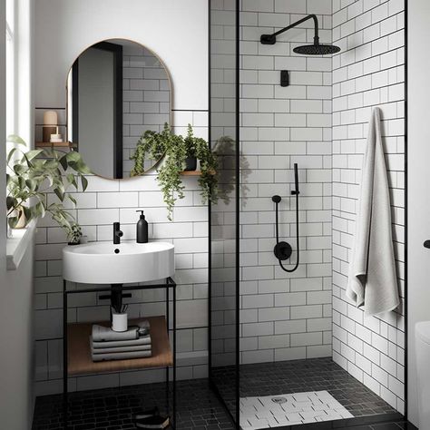 Small Black And White Bathroom, White Bathroom Ideas Modern, Minimalist Small Bathrooms, Monochrome Bathroom, Black And White Bathroom, Black White Bathrooms, Industrial Style Bathroom, Narrow Bathroom, Glass Shower Enclosures