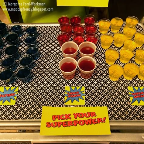 Madcap Frenzy's A Heroes and Villains themed New Years Eve party for adults- Superhero jelloshots Adult Superhero Party, Superhero Party Ideas, Avenger Party, Incredibles Birthday Party, Birthday Themes For Adults, Party Ideas For Adults, Villains Party, Marvel Birthday Party, Wonder Woman Party