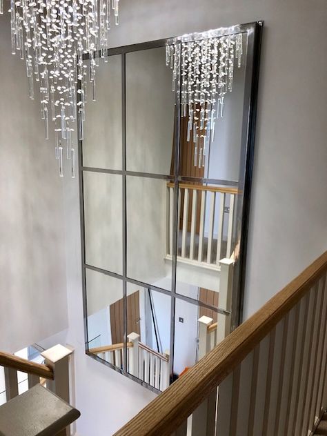 Stair Case Mirror Wall Decor, Mirror Top Of Stairs, Stairway Mirror Ideas, Mirrors On Staircase Wall, Mirror At Top Of Stairs, Large Stairway Wall Decor, Stair Case Wall Design, Stairwell Wall Ideas, Staircase Wall Decor Ideas