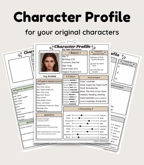 Character Profile Digital or Printable Original Character Profile for Writers, for Stories or Novels, Writer PDF, Goodnotes PDF - Etsy Character Details Aesthetic, Book Character Development, Character Details Template, Character Profile Aesthetic, Detailed Character Profile Template, Content Writing For Beginners, Character Profile Template, Original Character Art, Writing Expressions