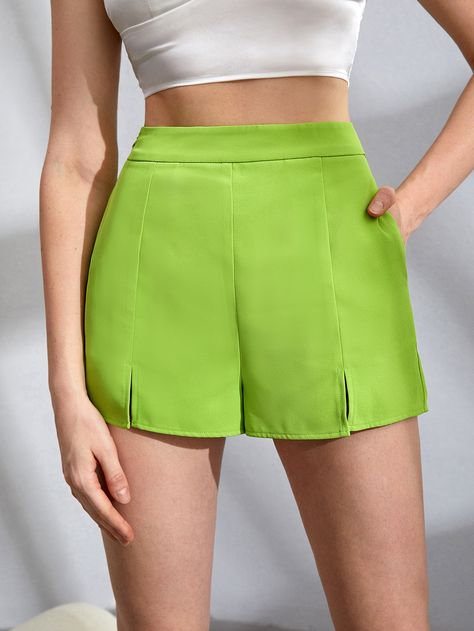 Light Lime Green, Lime Green Shorts, Women Bottoms, Women Shorts, Green Outfit, Split Hem, Bright Green, Short Outfits, Lime Green