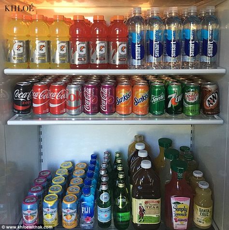 A rainbow of flavor: Khloe Kardashian's fridge is stocked with a colorful array of beverages, which she showed off on khloewithak.com on Tuesday Bedroom Mini Bar, Kardashian House, Khloe Kardashian House, Drinks Fridge, Drink Fridge, Kardashian Home, Pantry Fridge, Pantry Organisation, Desain Pantry