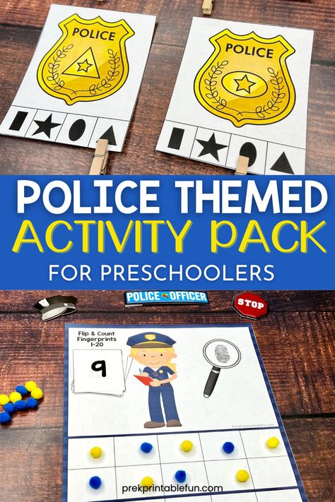 Police Officers Preschool Activities, Police Officer Pre K Activities, First Responders Preschool Activities, Police Math Activities For Preschool, Preschool Police Officer Activities, Police Sensory Activities, Police Badge Craft Preschool, Preschool Police Activities, Police Preschool Crafts