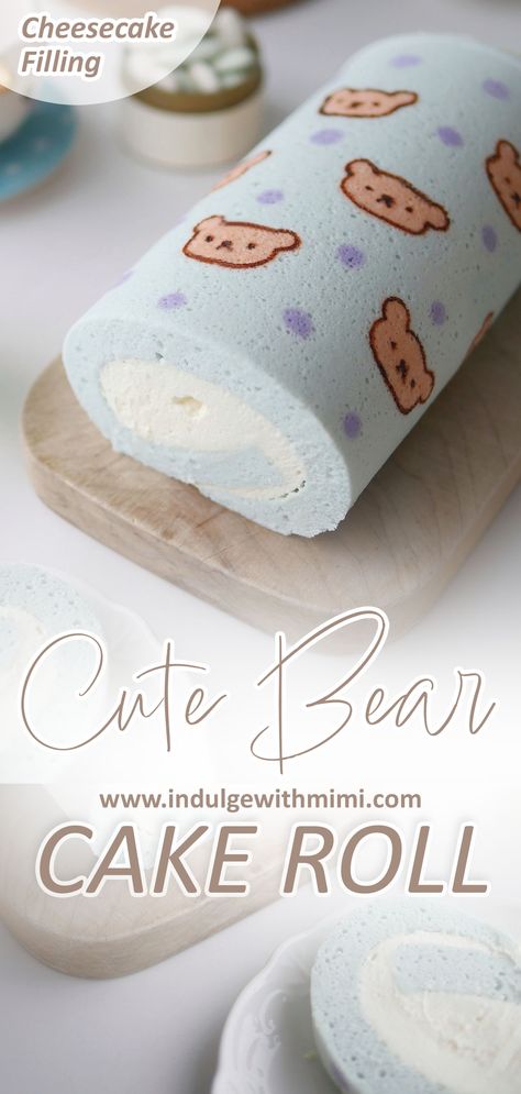 Light blue cake roll printed with cute bears on it on a serving board. Pattern Cake Roll, Pattern Swiss Roll, Festive Holiday Desserts, Swiss Roll Cakes, Tårta Design, Cake Bear, Japanese Bakery, Pattern Cake, Swiss Roll Cake