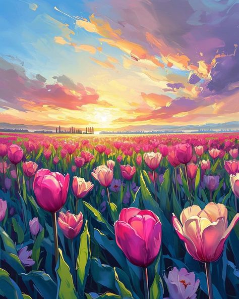 Endless tulips field at beautiful sky. #tulips #nature #flowers #sky #illustration #colorful #spring #sun Scenery Canvas Painting Landscapes, Field Of Tulips Painting, Tulip Garden Painting, Tulip Field Drawing, Flower Scenery Painting, Flower Field Illustration, Tulip Field Painting, Tulip Illustration, Tulips Field