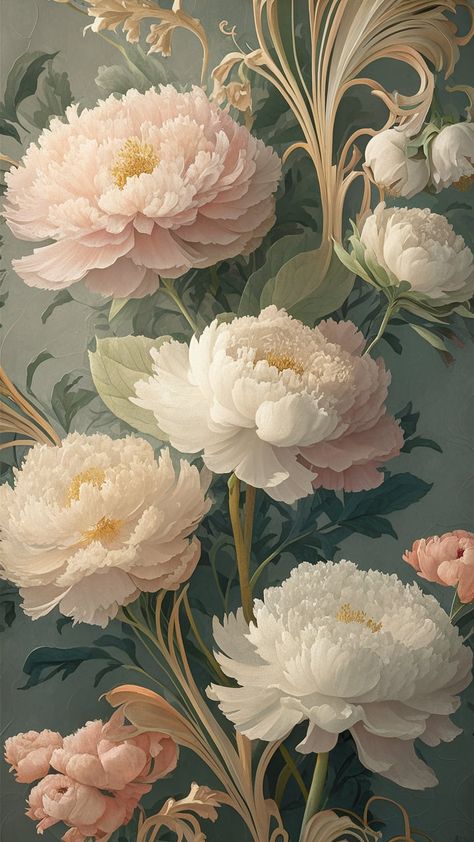 Immerse yourself in a floral paradise with our enchanting peony wallpaper. Featuring lush, pastel blooms and intricate Art Nouveau designs, this artwork captures spring's delicate beauty. The vintage color palette and impressionistic light play create an ethereal atmosphere, perfect for nature lovers. Ideal for home decor, this wallpaper adds texture and depth, inviting tranquility into your space. Art Nouveau Floral Pattern, Art Nouveau Wallpaper, Paradise Wallpaper, Victorian Elegance, Vintage Colour Palette, Vintage Style Wallpaper, Muted Palette, Victorian Pattern, Peony Wallpaper