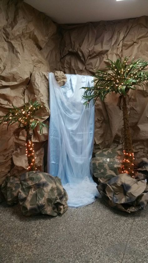 Cave quest VBS with waterfall Bible Exhibition Ideas, Cave Classroom Decorations, Waterfall Vbs Decoration, Ganpati Decoration Cave Theme, Vbs Cave Decorations, Breaker Rock Beach Vbs 2024 Stage, Science Exhibition Ideas, Waterfall Decoration, Easter Tomb