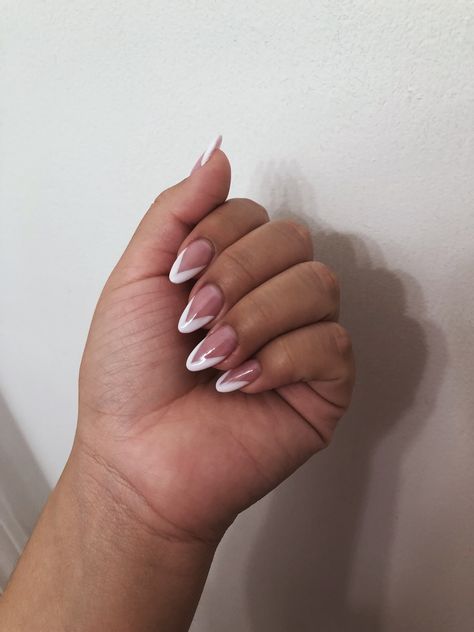 v shape, french tip V Manicure French Tips, Almond Triangle French Tip Nails, Short Triangle French Nails, V Shape White Tip Nails, V French Almond Nails, Pointed French Manicure, Triangle French Manicure, Angled Tip Nails, V Tip French Nails Almond