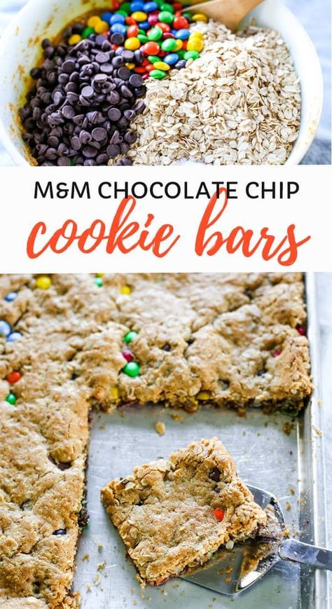 M&M chocolate chip cookie bars made in a 9x13 jelly roll pan. This easy cookie bars recipe makes a really chewy cookie bar! The best! #cookiebars #baking Easy Cookie Bars, Cleverly Simple, Yummy Bars, Cookie Bars Easy, Bar Desserts, Fall Desserts Easy, Cookie Bar, Chocolate Chip Cookie Bars, Jelly Roll Pan