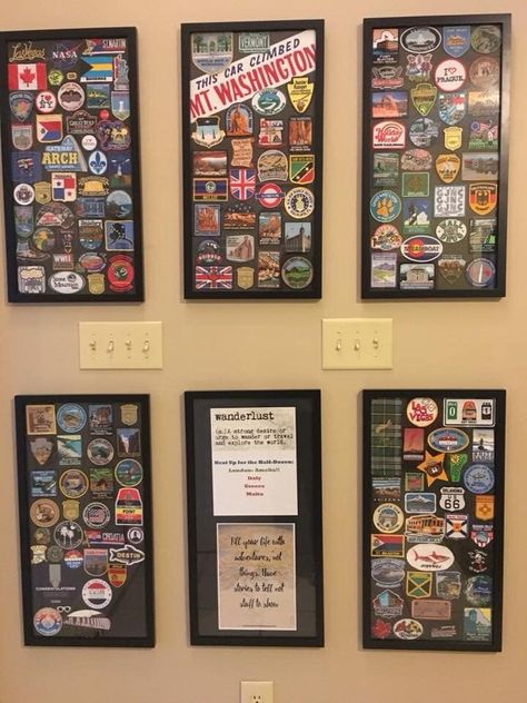 Beer Sticker Display, Patch Display Ideas Wall Hangings, Ways To Display Sticker Collection, Patch Collection Display Ideas, Travel Patches Display Ideas, Ref Magnet Display Ideas, Travel Stickers Display Ideas, Sticker Collage Display, Travel Magnets Display Ideas