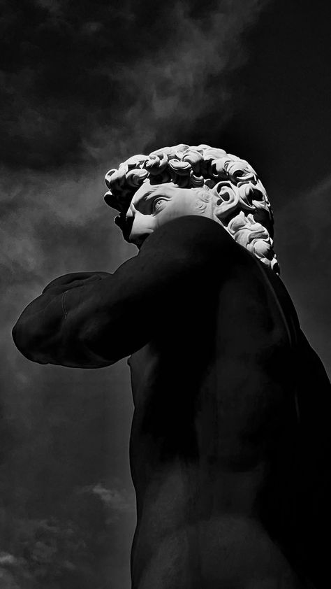 Black and White Statue of David by Michelangelo taken in Florence, Italy Black And White Statue Aesthetic, David Statue Wallpaper, Stone Statues Aesthetic, David Statue Aesthetic, Black And White Statue, The David Statue, Stoic Art, David By Michelangelo, David Michelangelo