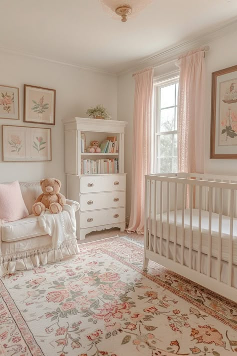 Simple Elegant Nursery, White Nursery With Pink Accents, Nancy Myers Style Nursery, Pink Accent Nursery, Nursery For Girls Ideas, Nursery Girls Room, Little Baby Girls Room Nursery Ideas, Cute Nursery Decor, Antique Nursery Furniture