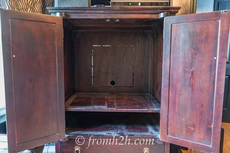 How To Convert A TV Armoire To A Desk Flex Room Ideas, Office Armoire, Armoire Repurpose, Cupboard Makeover, Refurbished Desk, Armoire Diy, Hidden Desk, Armoire Desk, Armoire Bar