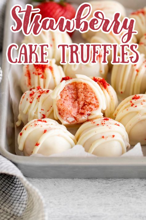 Strawberry Cake Truffles – A delicious treat made with just 3 simple ingredients – boxed strawberry cake mix, white chocolate, and cream cheese! Perfect for any holiday or party! Strawberry Truffles | Truffle Recipe | Strawberry Desserts Strawberry Oreo Truffles, Strawberry Cake Truffles, Valentine Truffles Simple, Strawberry Truffle Cake, Strawberry Cake Balls Recipe, Strawberry Cheesecake Cake Pops, Strawberry Cheesecake Truffles, Strawberry Truffles Easy, Strawberry Truffles Recipe