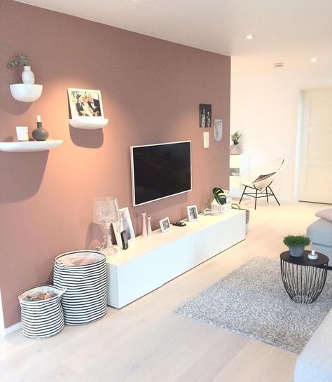 White Walls With Pink Accent Wall, Pink Living Room Accent Wall, White Room With Pink Accent Wall, White Colour Combination Living Rooms, Accent Wall Colours Living Room, Room Paint Color Ideas, Pink Accent Wall Living Room, Tv Wall Color Ideas, Accent Wall Colors Combinations