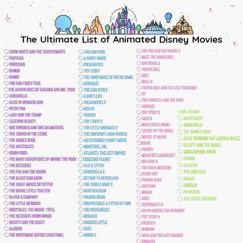 Disney, Disney Movies, Disneyland, Disney World, Classics, Disney Binge, List of Disney movies Disney Movie Watch List, Ultimate Disney Movie List, All Disney Movies In Order, Movies To Watch Before Disney World, Disney Checklist Movie, Old Disney Movies List, Disney Marathon List, Movies To Watch Disney Plus, Disney Princess Movies List In Order