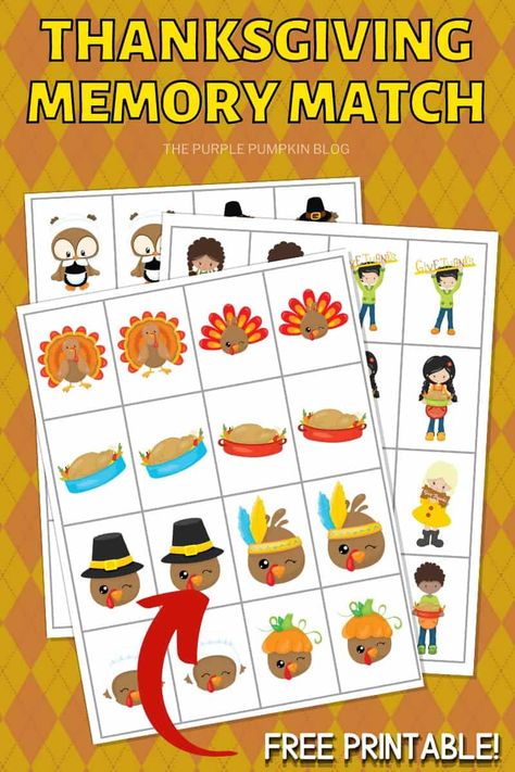 This free printable Thanksgiving Memory Card Game is a fun game for the whole family! Just print out the Thanksgiving-themed cards and test your memory in the classic Concentration game (you may have called it Matching Pairs, or Match Up!). Weather Matching Game Free Printable, Thanksgiving Matching Game, Thanksgiving Memory Game, Thanksgiving Games For Toddlers, Matching Games For Kids, Thanksgiving Printable Games, Printable Memory Game, Thanksgiving Stem Activities, Preschool November