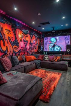 Hip Hop Apartment Decor, Style Room Ideas, Gaming Room Design, Content Room, Basement Lounge, Street Style Room, Graffiti Bedroom, Urban Bedroom, Rolling Loud