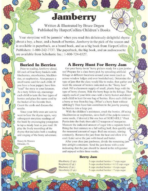 Jamberry | Bruce Degan 2 activities including a recipe for a class size batch of Berry Jam! Dear Mr. Blueberry Activities, Jamberry Birthday Party, Jamberry Book Activities, Blackberry Picking Poem, Beautyberry Jam, Charlotte Mason Preschool, Berry Jam, Class Activities, Big Book