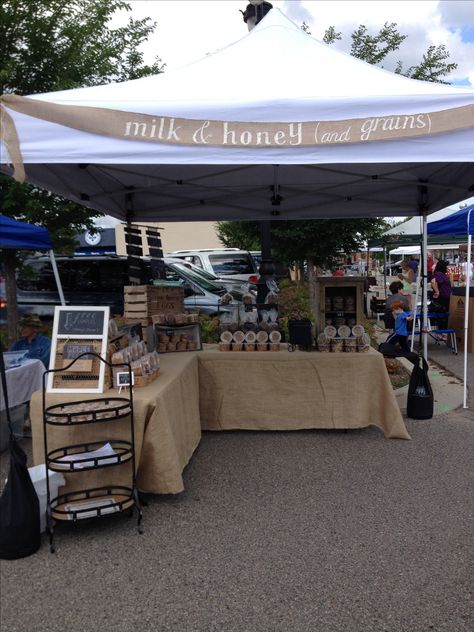 Milk & honey (and grains) farmers market stand. Burlap, weathered wood apple crates, and chalkboards used to display our healthy baked goods--granola and cookies. Market Stall Display, Farmers Market Stand, Farmers Market Booth, Farmers Market Display, Vendor Table, Stand Feria, Festival Booth, Market Booth, Market Table