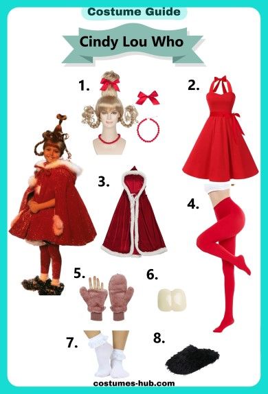 Cindy-Lou Who Costume For Adults Dr Seuss Cindy Lou Who Costumes Diy, Cindy Lou Outfit, Cindy Loo Who, Christmas Character Costumes Women, Cindy Lou Hoo Costume, Cindy Lou Who Outfit Ideas, Cindy Lou Who Outfit, Cindy Lue Who, Diy Cindy Lou Who Costume Adult