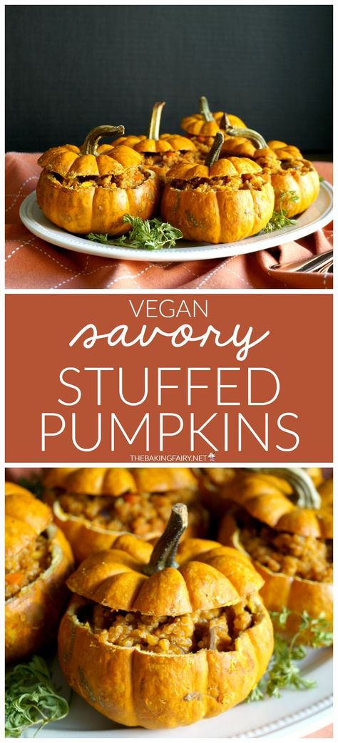 Vegan Savory Stuffed Mini Pumpkins are the cutest thing you'll make all fall! Tiny pumpkins are roasted and stuffed with quinoa, veggies, and vegan chorizo. #PumpkinWeek #ad Roasted Stuffed Pumpkin Vegan, Vegan Stuffed Pumpkin Recipes, Vegan Stuffed Pumpkin, Stuffed Mini Pumpkins, Pumpkin Pie Vegan, Thanksgiving Vegetable, Pecan Monkey Bread, Stuffed Pumpkins, Tiny Pumpkins