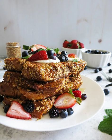 Granola Photography, Granola Crust, Brunch Boards, Crispy French Toast, Granola Pancakes, Greek Yogurt Honey, Challah French Toast, Yogurt Honey, Dutch Babies