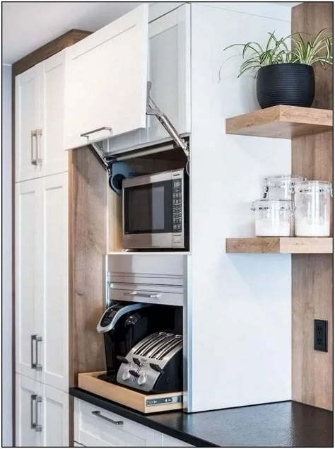 Kitchen - Built in hideaway spot for microwave , coffee pot and toaster Pull Out Storage, Small Kitchen Decoration, Interior Boho, Transitional Decor Kitchen, Small Kitchen Decor, Diy Kitchen Storage, Kitchen Design Trends, Pantry Design, Counter Tops