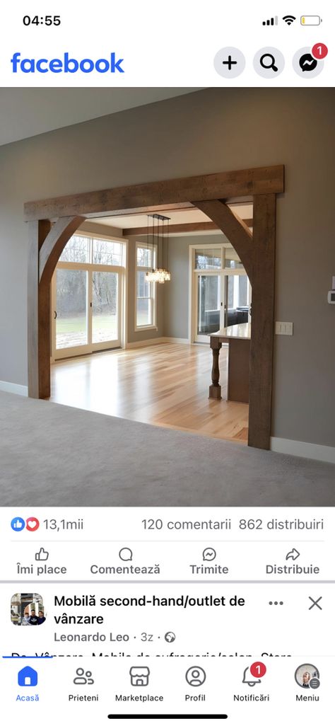 Archways In Homes, Wood Arch, Diy Posts, Post And Beam, Raw Wood, Wood Beams, New Living Room, Grey Walls, Open Floor Plan